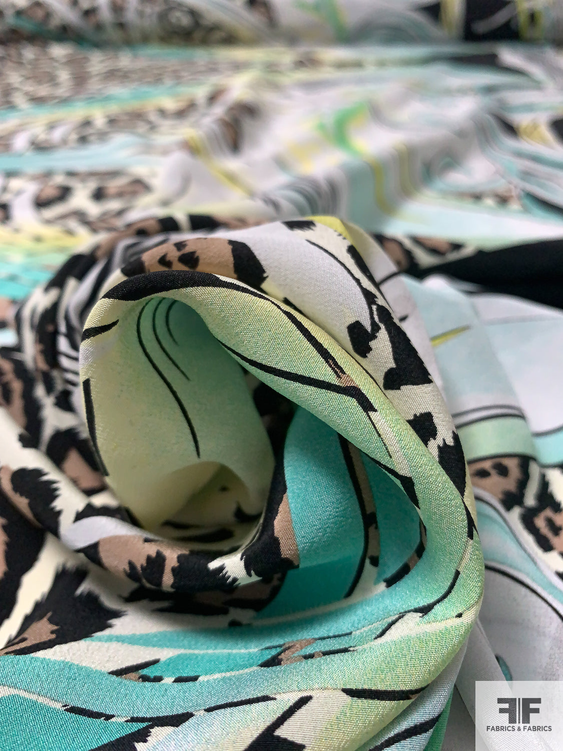 Exotic and Animal Pattern Border Printed Silk Crepe de Chine - Ocean Green / Yellow / Tan / Black / Off-White