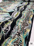 Exotic and Animal Pattern Border Printed Silk Crepe de Chine - Ocean Green / Yellow / Tan / Black / Off-White