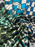 Hypnotic Checkerboard and Animal Pattern Printed Silk Charmeuse - Ocean Green / Turquoise / Black / Off-White