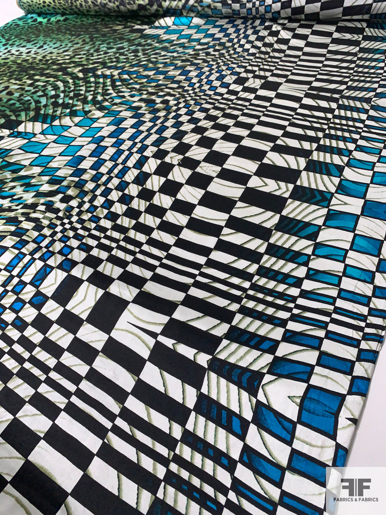 Hypnotic Checkerboard Printed Silk Charmeuse - Ocean Green/Turqouise ...