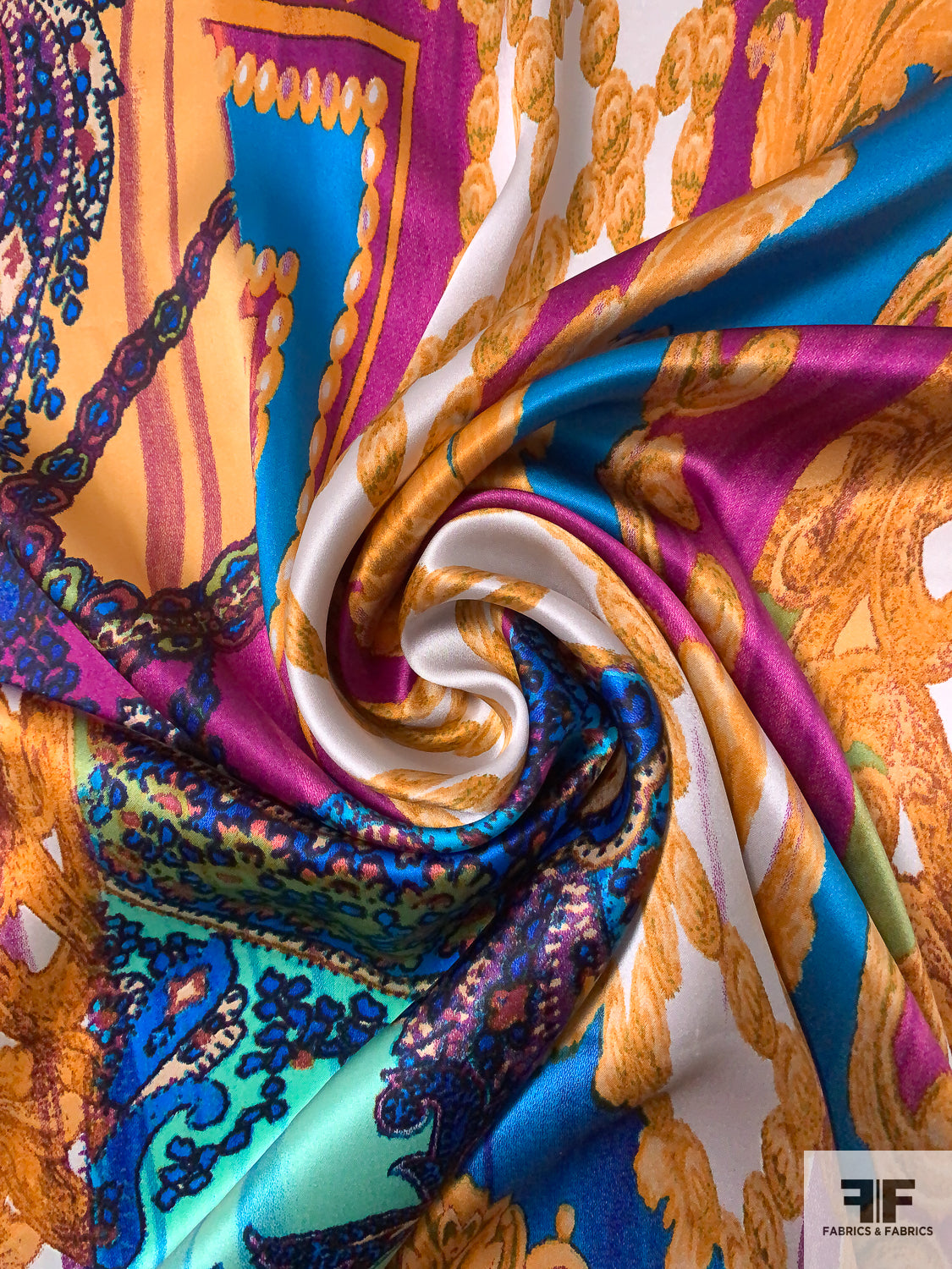 Versace-Inspired Printed Silk Charmeuse -  Orange/Aquamarine/Boysenberry/Evergreen