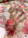 Painterly Floral Printed Silk Chiffon - Red / Sky Blue / Magenta / Brown