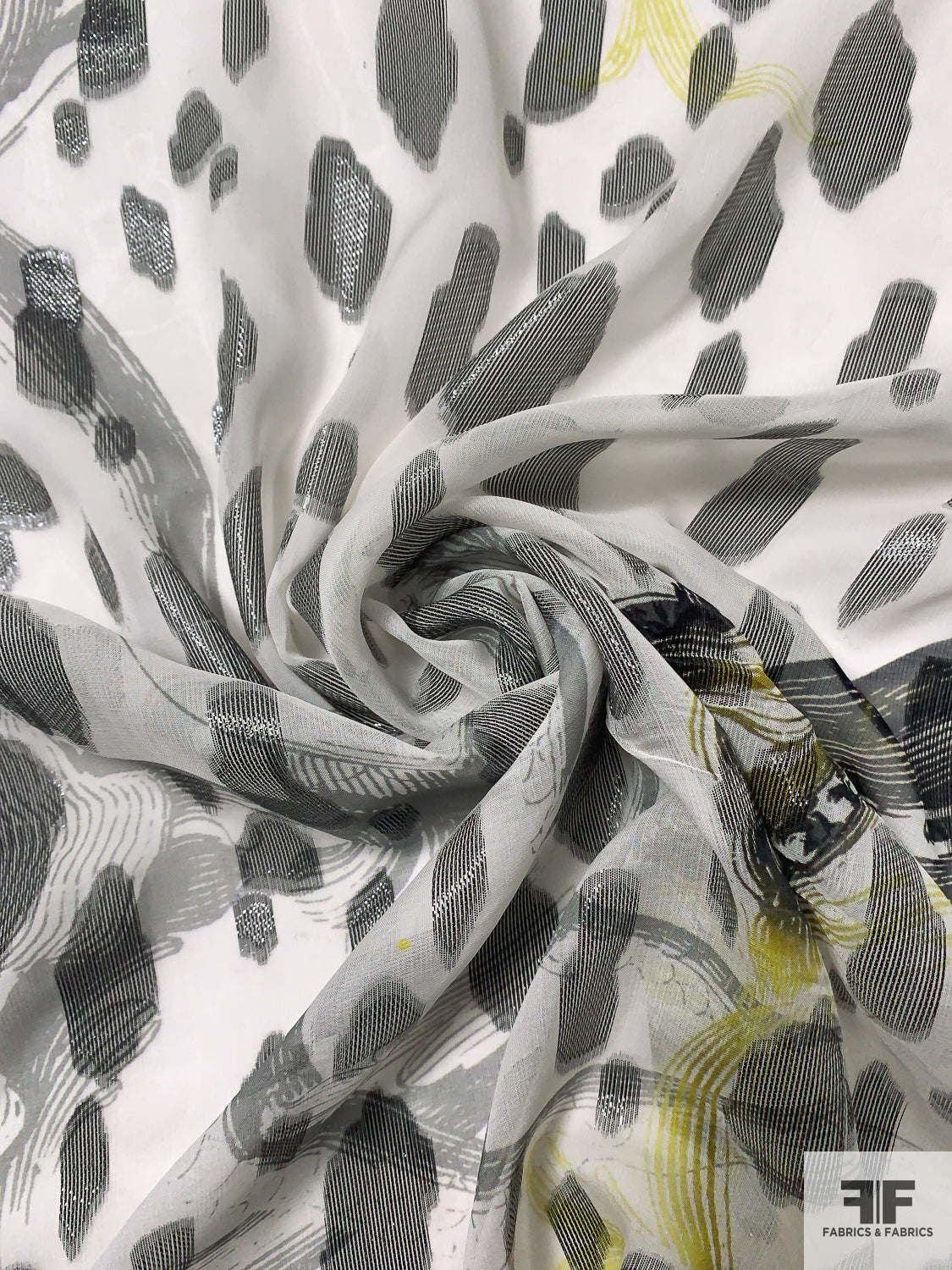 Lurex Spotted and Wispy Stroke Silk Chiffon - Black / Off-White / Chartreuse
