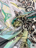 Exotic and Animal Pattern Border Printed Silk Chiffon - Ocean Green / Yellow / Tan / Black / Off-White