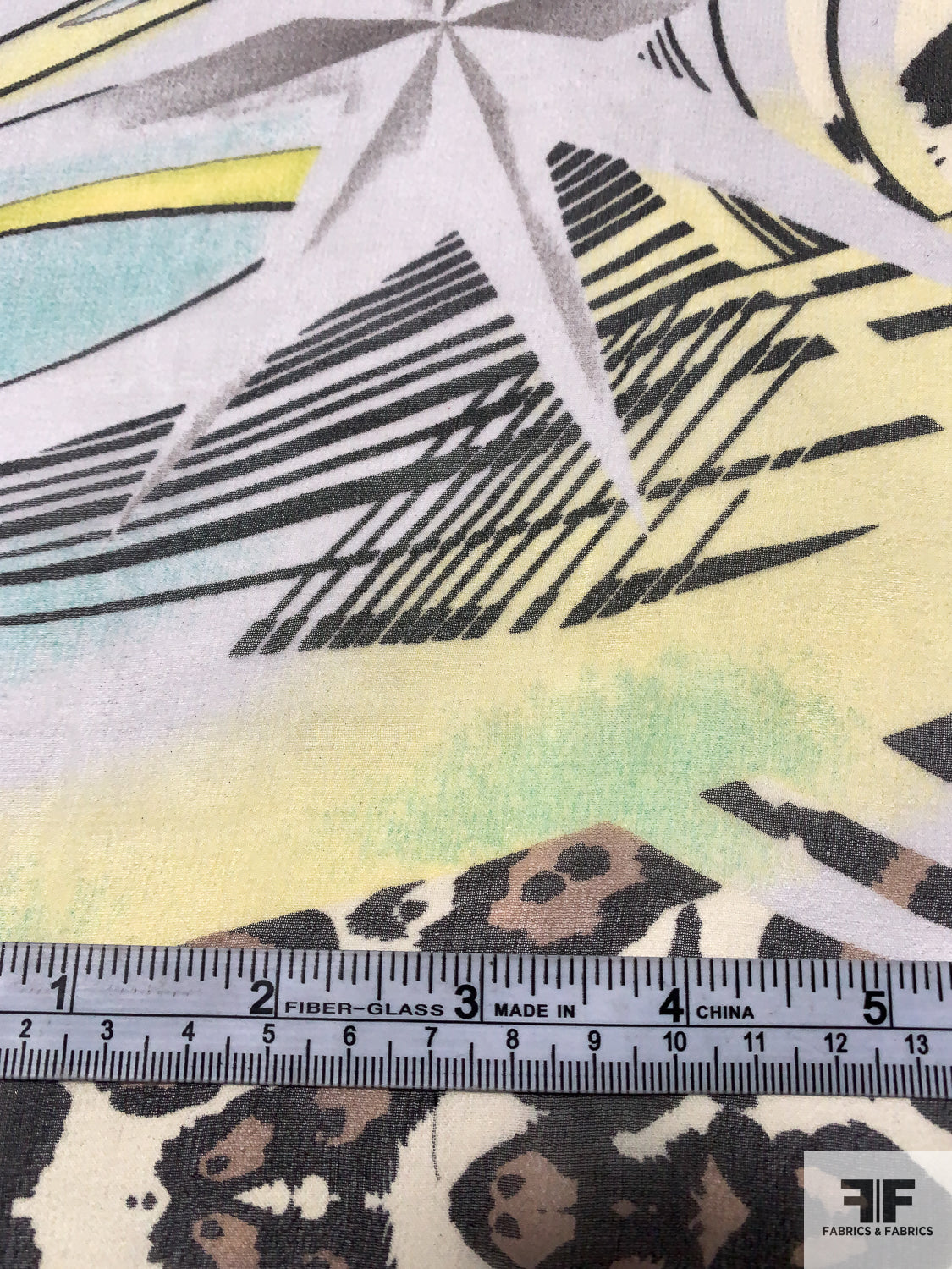 Exotic and Animal Pattern Border Printed Silk Chiffon - Ocean Green / Yellow / Tan / Black / Off-White