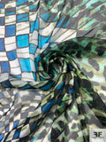 Hypnotic Checkerboard and Animal Pattern Printed Silk Chiffon - Ocean Greens / Turquoise / Black / Off-White