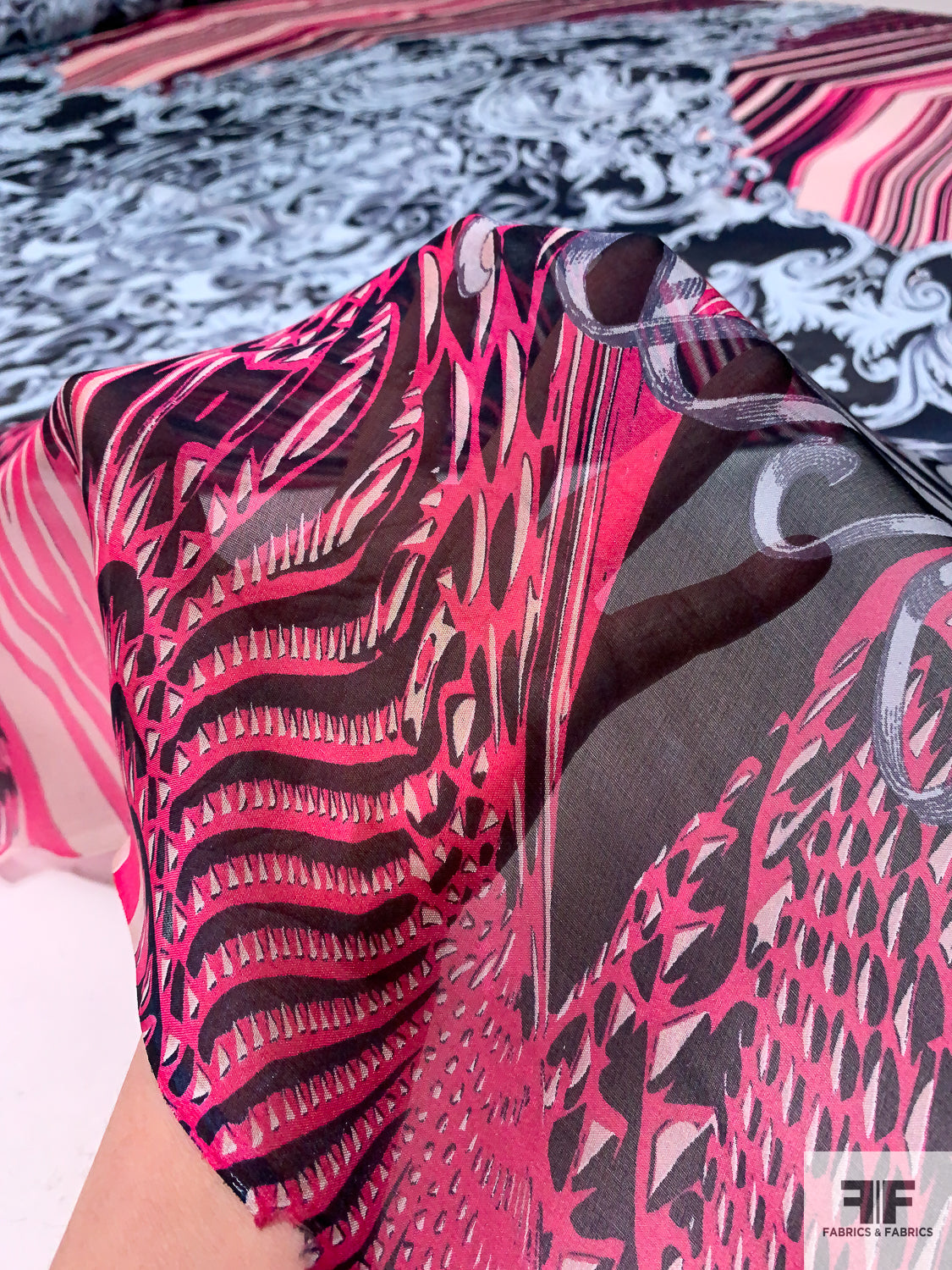 Striped and Ornate Regal Printed Silk Chiffon - Hot Pink / Pink / Black / Sky Blue / Navy