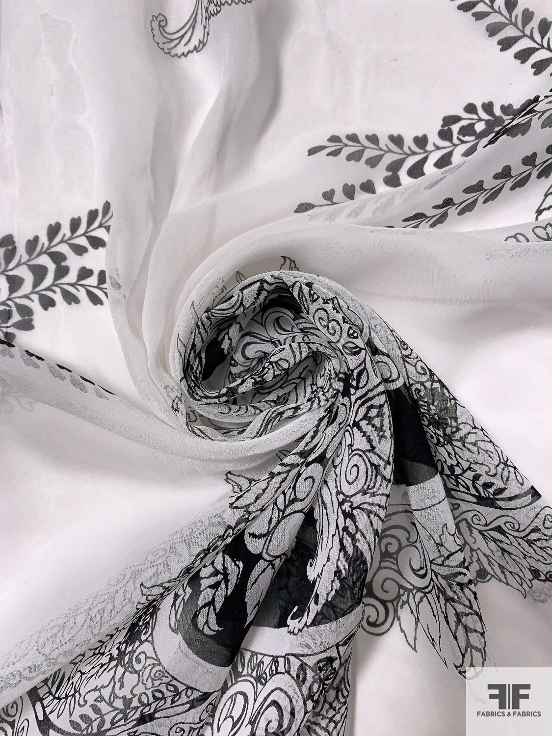 Majestically Ornate Leaf Printed Silk Chiffon - White / Black - Fabric by  the Yard
