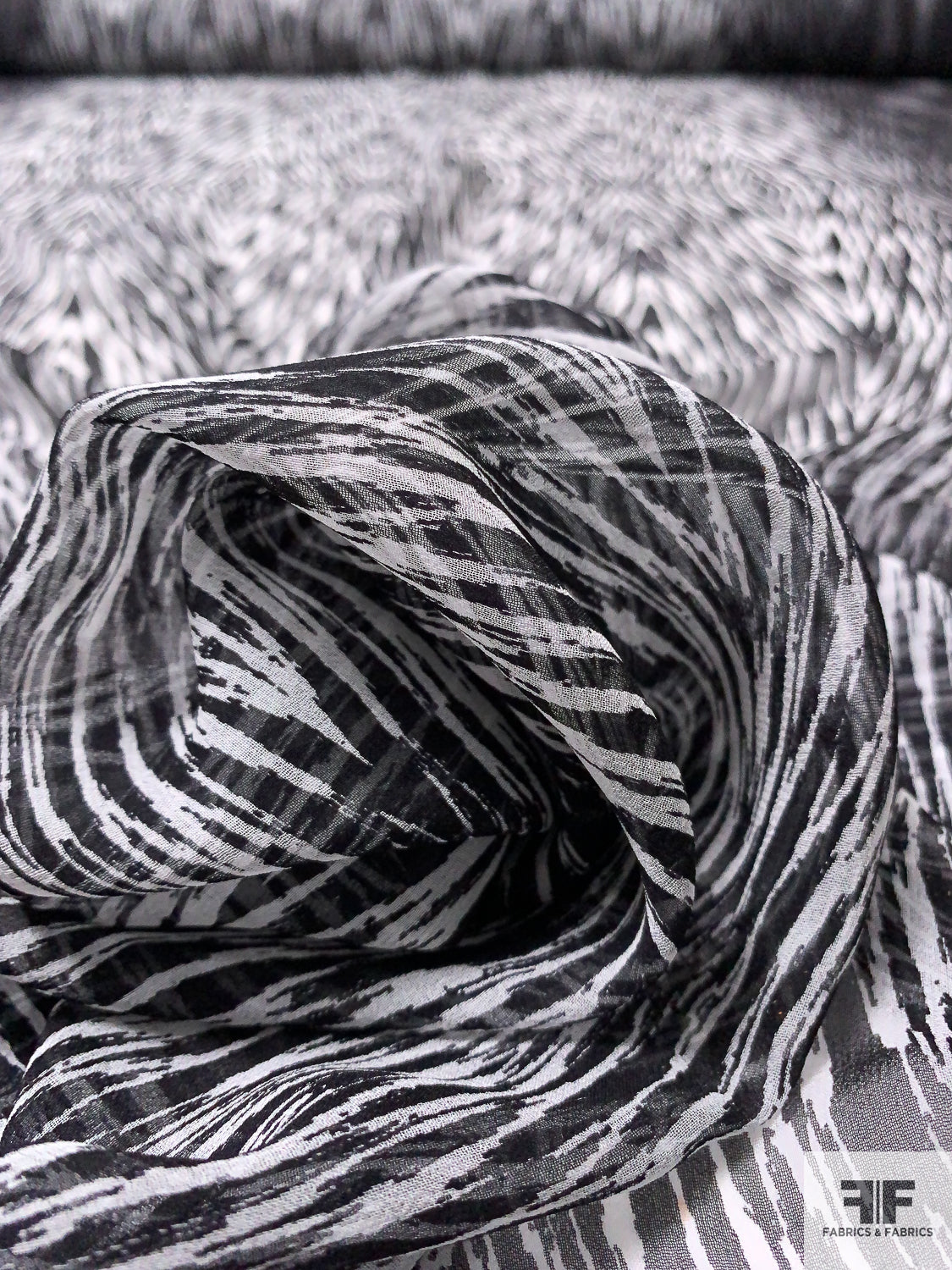 Hazy Ikat-Inspired Printed Silk Chiffon - Black / Off-White / Grey