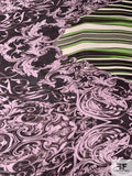 Striped and Ornate Regal Printed Silk Chiffon - Kelly Green / Eggplant / Dusty Light Pink