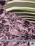 Striped and Ornate Regal Printed Silk Chiffon - Kelly Green / Eggplant / Dusty Light Pink