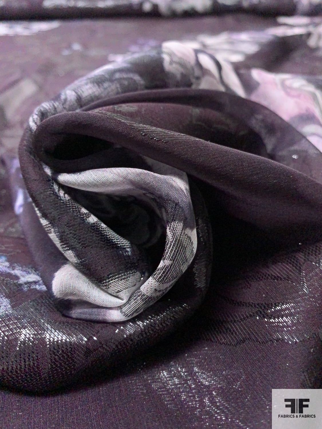 Metallic Romantic Dreamy Floral Printed Silk Chiffon - Midnight Purple / Soft Purples