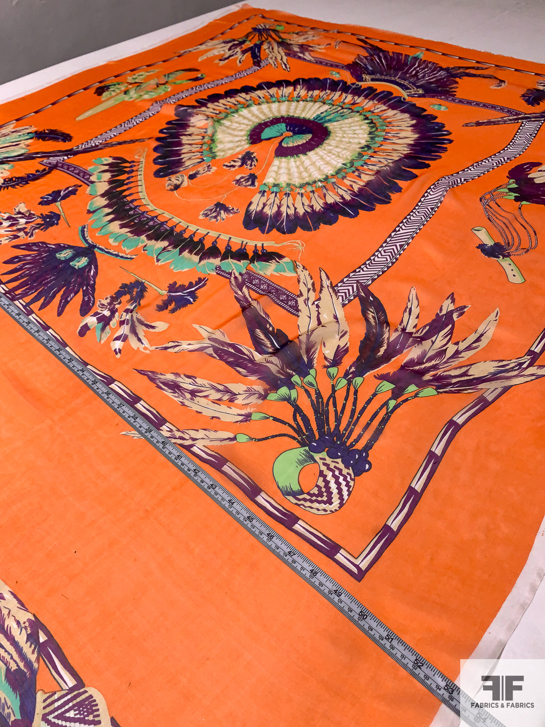 Hermes-Look Feather War Bonnet Printed Silk Chiffon Panel - Orange / Purple / Turquoise