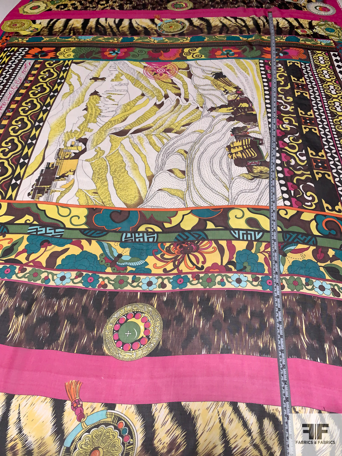Hermes-Look Pilgramage Printed Silk Chiffon Panel - Yellow / Magenta / Teal