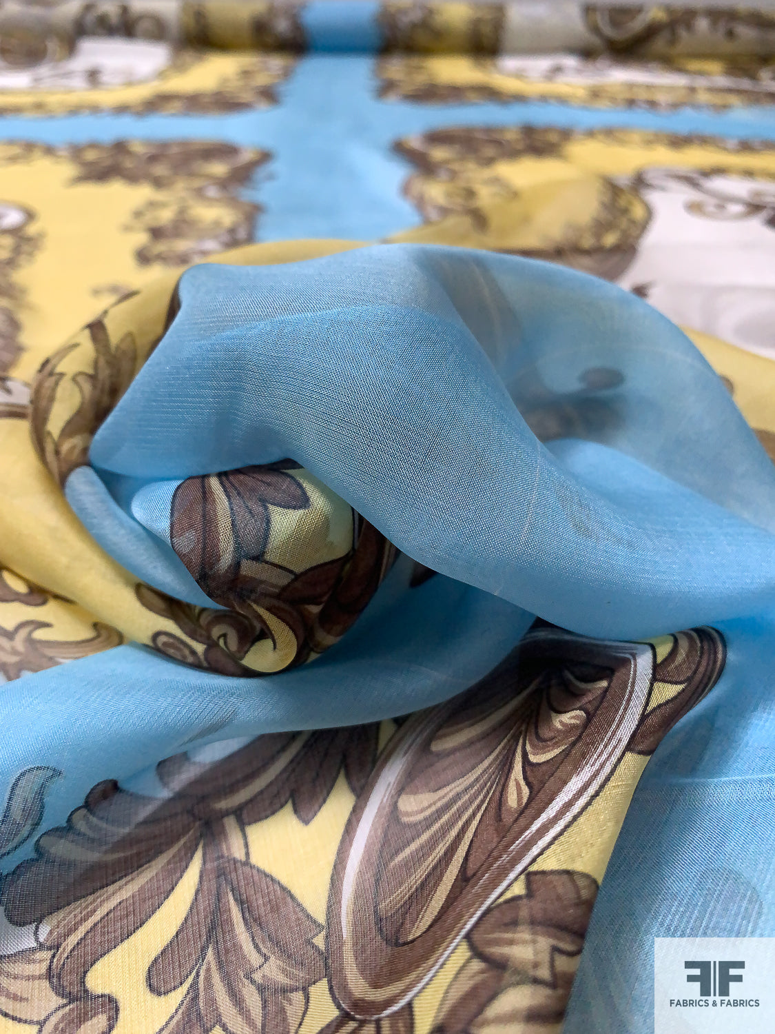 Hermes-Look Frames Printed Silk Chiffon Panel - Sky Blue / Soft Yellow / Brown