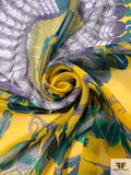 Hermes-Look Feather War Bonnet Printed Silk Chiffon Panel - Yellow / Green / Navy / Grey