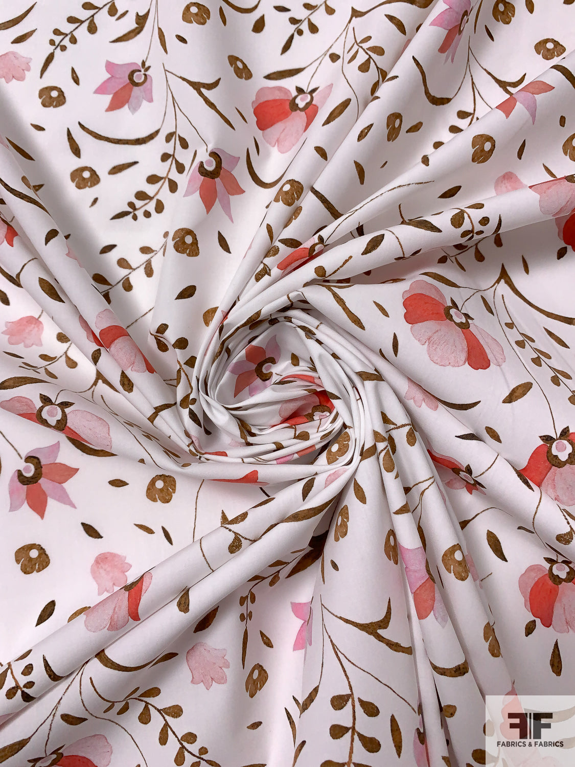 Jovial Leaf Stems and Floral Printed Cotton Lawn - Brown / Pinks / White Jovial Leaf Stems and Floral Printed Cotton Lawn - Brown / Pinks / White
