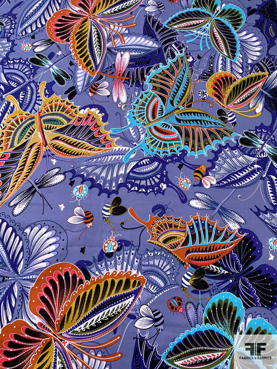 Large-Scale Butterfly Printed Stretch Fine Cotton Twill - Periwinkle / Mustard / Hot Coral