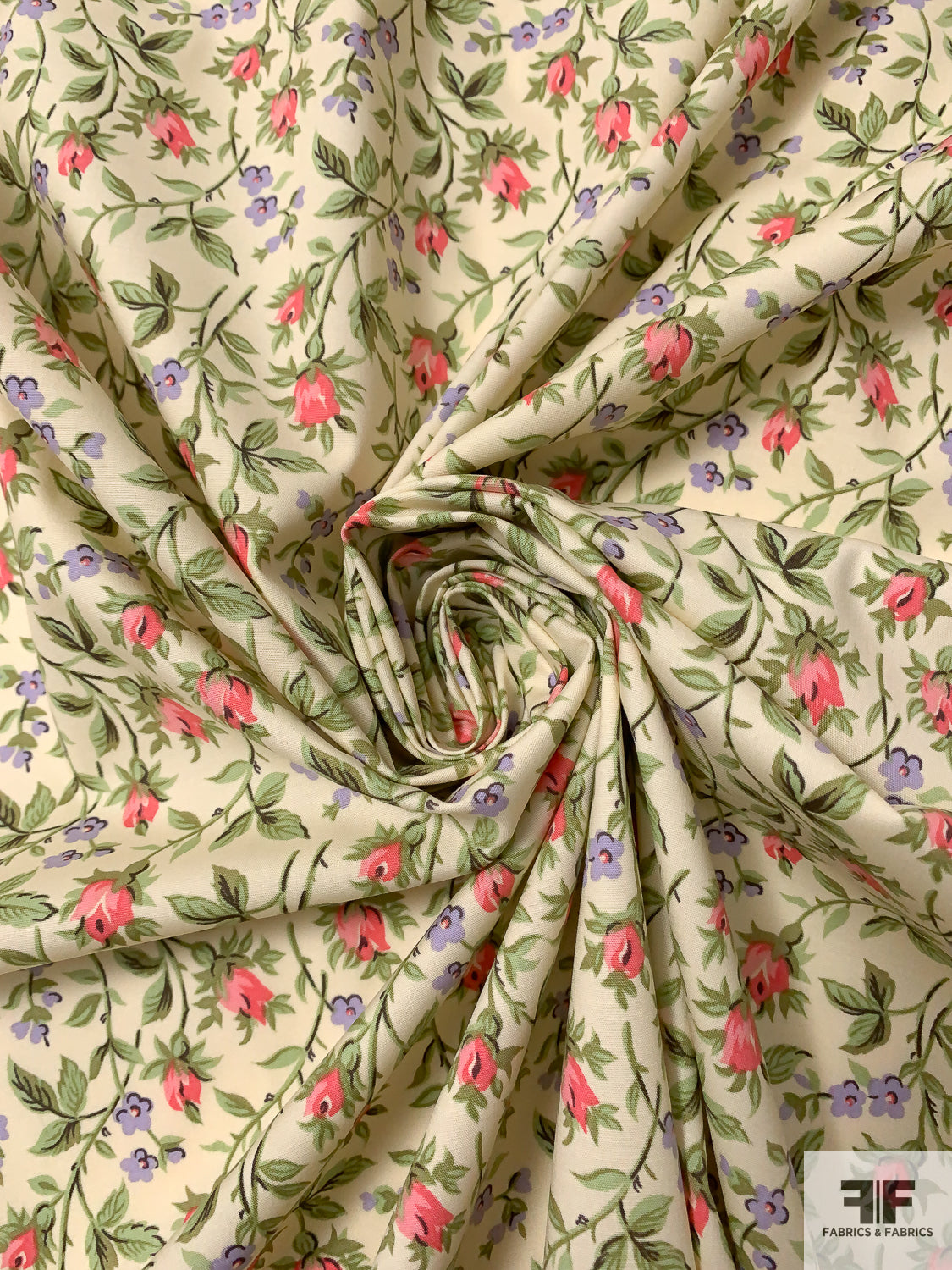 Ditsy Floral Printed Stretch Cotton Poplin - Sand/Green/Lavender/Pink