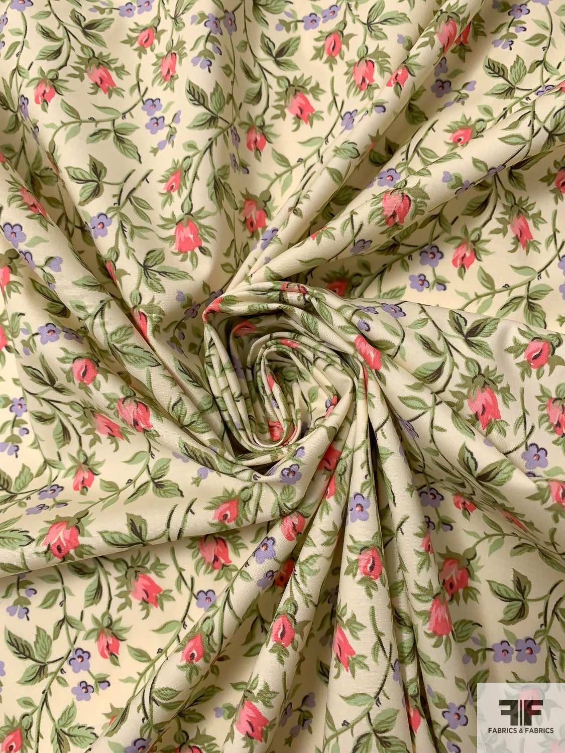 Ditsy Floral Printed Stretch Cotton Poplin Sand/Green/Lavender