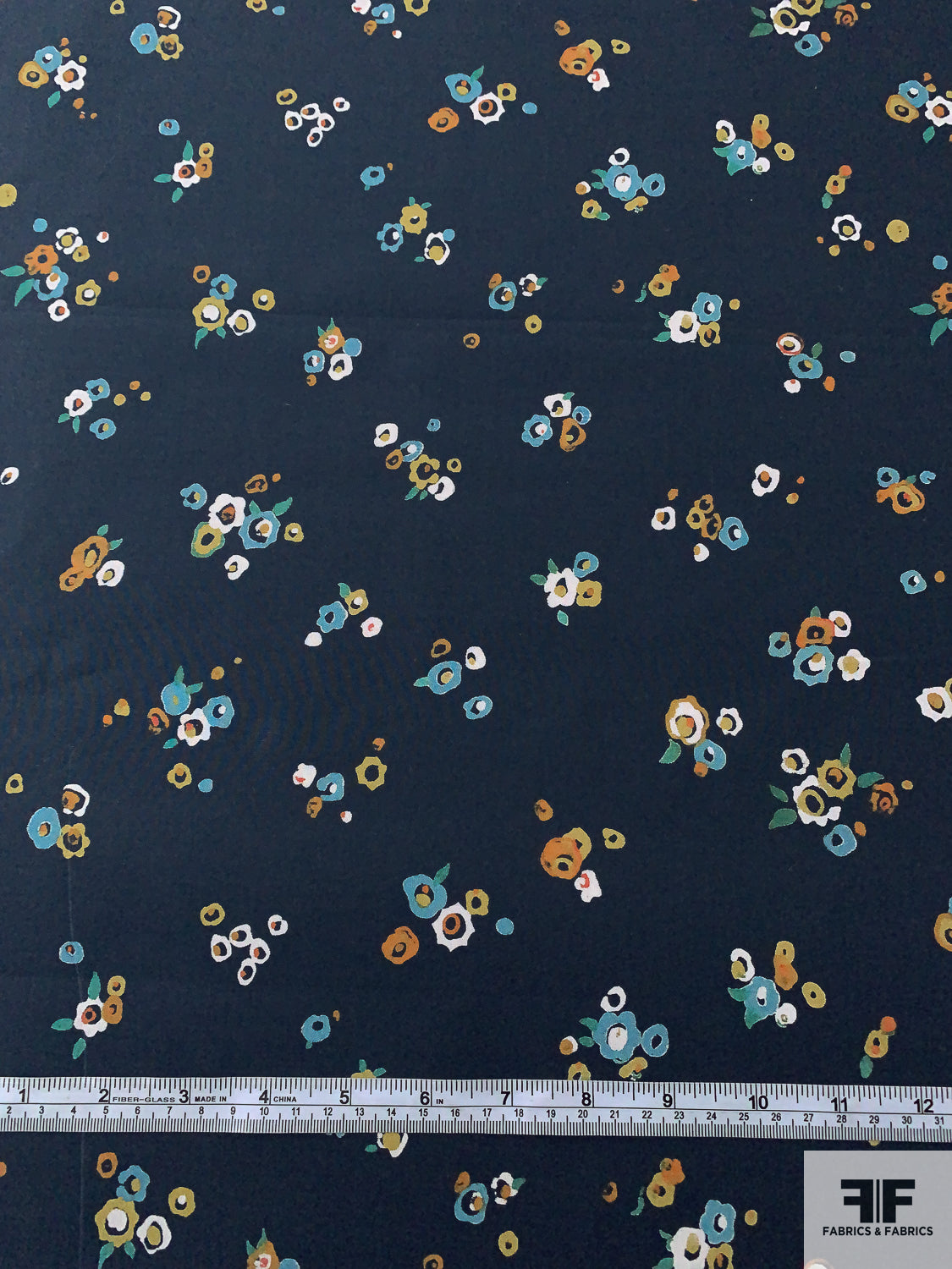 Ditsy Blotch Floral Printed Cotton Lawn - Navy / Blue / Orange / Ochre / Green