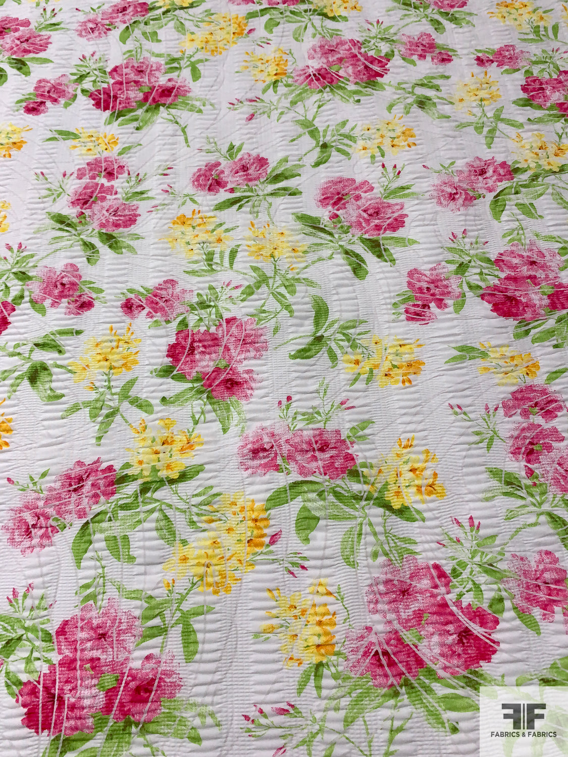 Floral Printed Plissé Cotton Lawn - Hot Pink / Lime / Yellow / White