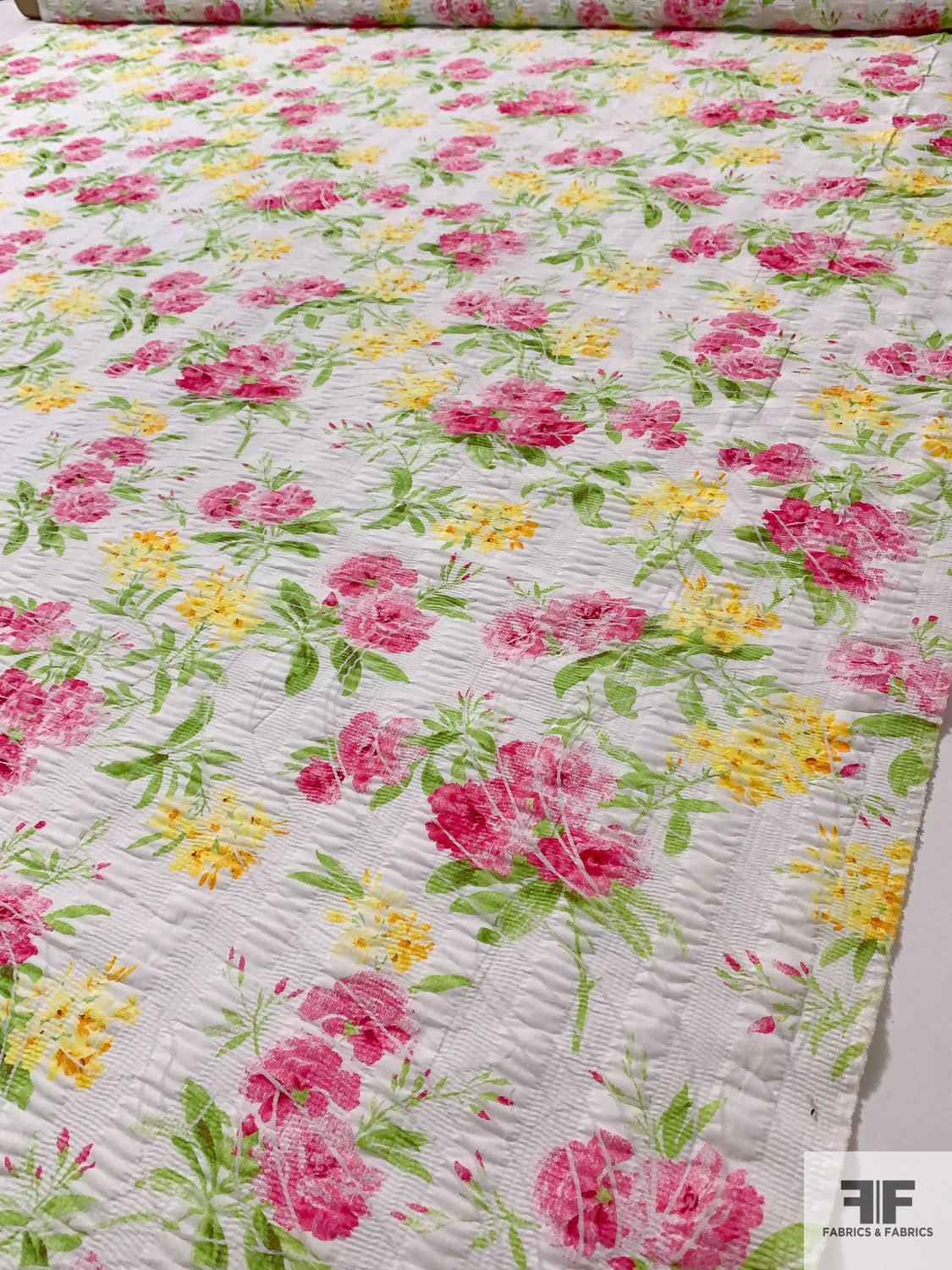 Floral Printed Plissé Cotton Lawn - Hot Pink / Lime / Yellow / White