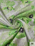 Watercolor Floral Printed Metallic Brocade - Green / Light Grey / Silver / Navy