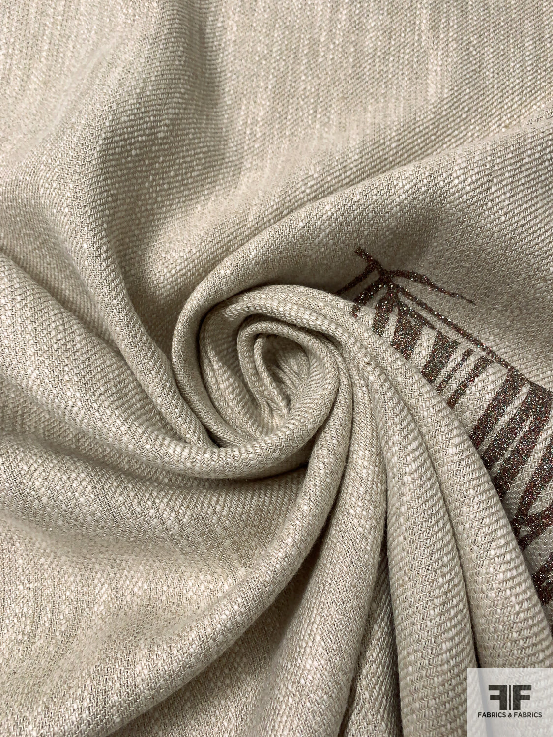 Italian Glittered Leaf Printed Twill-Weave Cotton-Linen - Oatmeal / Multicolor - Fabric by the Yard Italian Glittered Leaf Printed Twill-Weave Cotton-Linen - Oatmeal / Multicolor - Fabric by the Yard