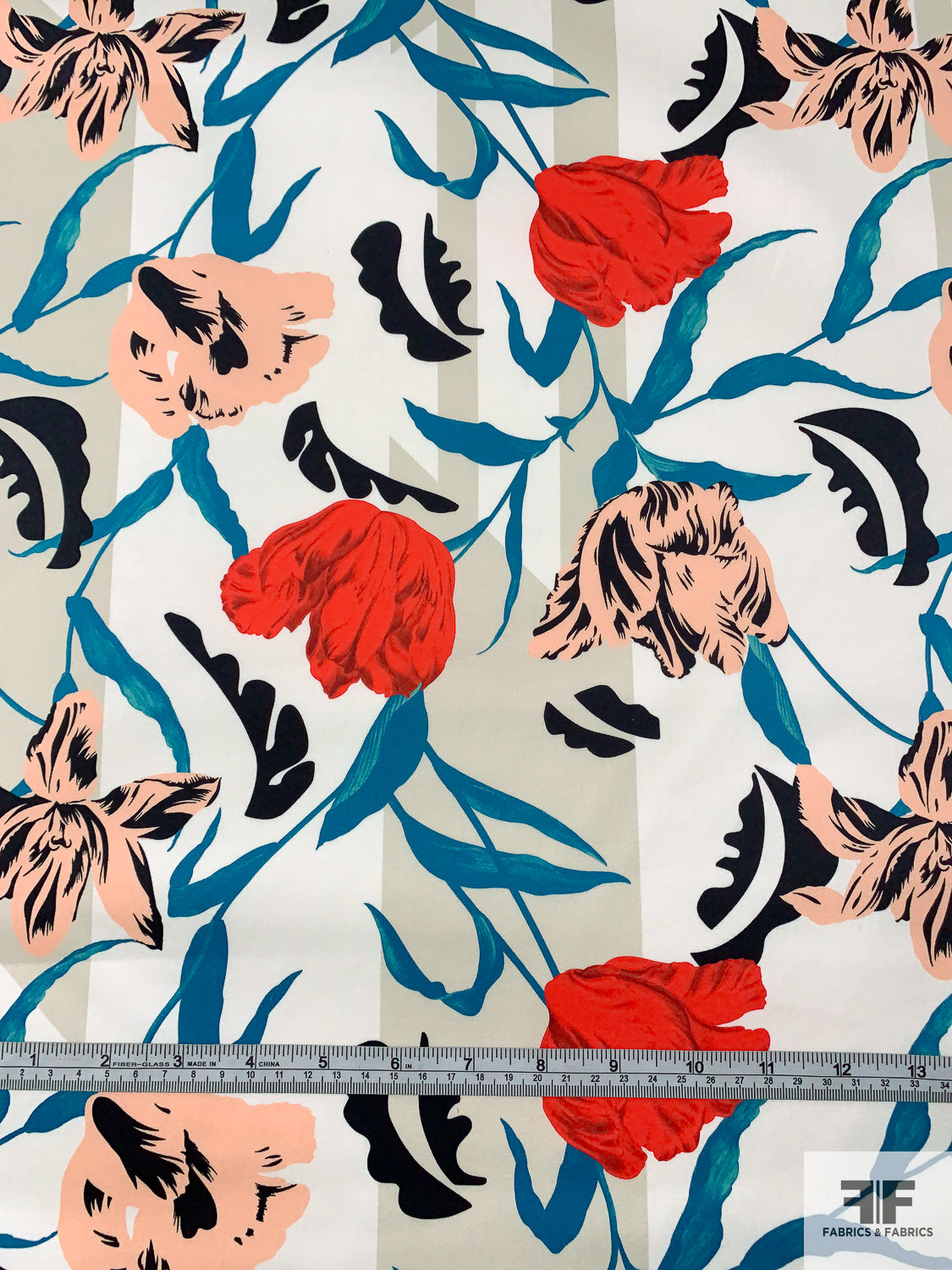 Italian Luscious Floral Printed Heavy Cotton Sateen - Teal / Peach / Red / Black / Off-White
