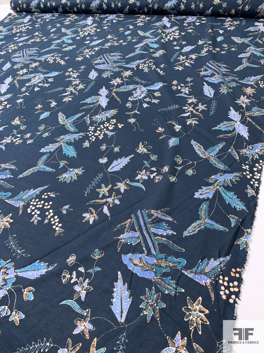 Brown/Teal Floral Embroidered Cotton Drapery Fabric, Fabric By the Yard