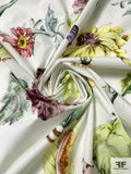 Italian Summer Leaf and Floral Printed Cotton Lawn - Greens / Yellows / Purple / Dusty Cranberry