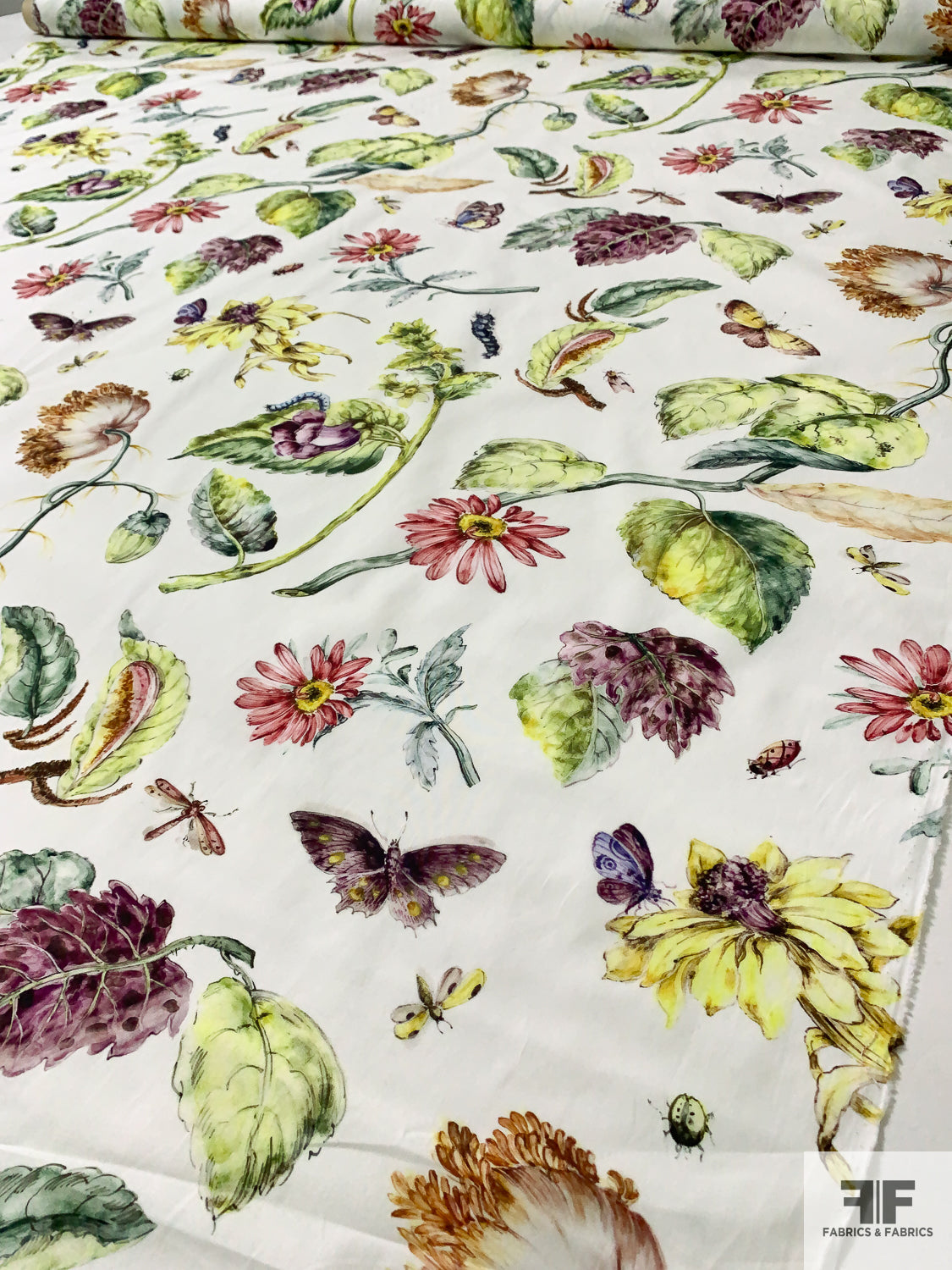 Italian Summer Leaf and Floral Printed Cotton Lawn - Greens / Yellows / Purple / Dusty Cranberry