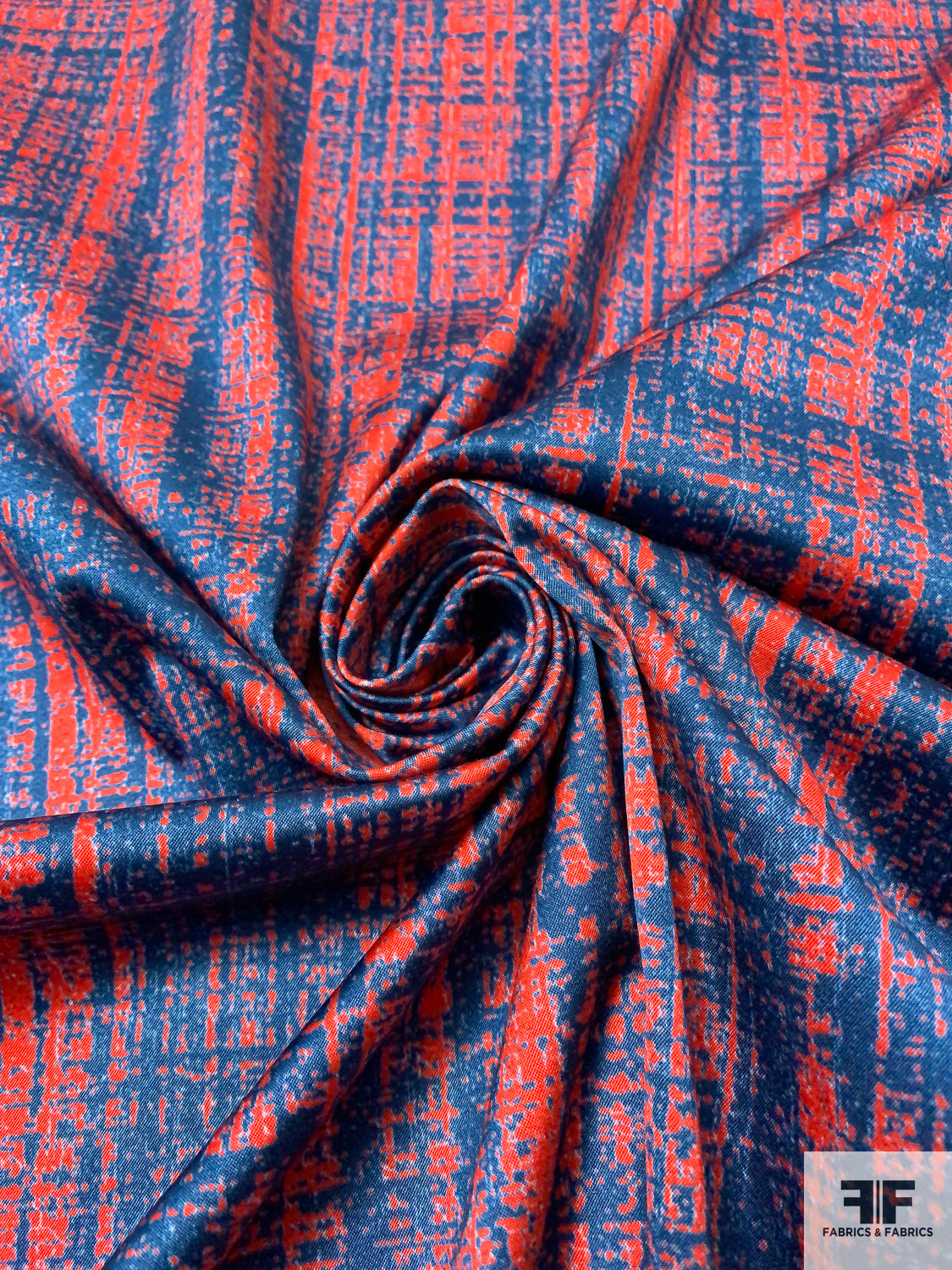 Abstract Printed Stretch Cotton Sateen - Hot Orange / Blue
