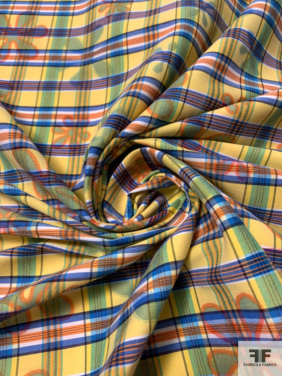 Italian Plaid and Playful Floral Yarn-Dyed Cotton with Vertical Stretch - Yellow / Blue / Green / Orange