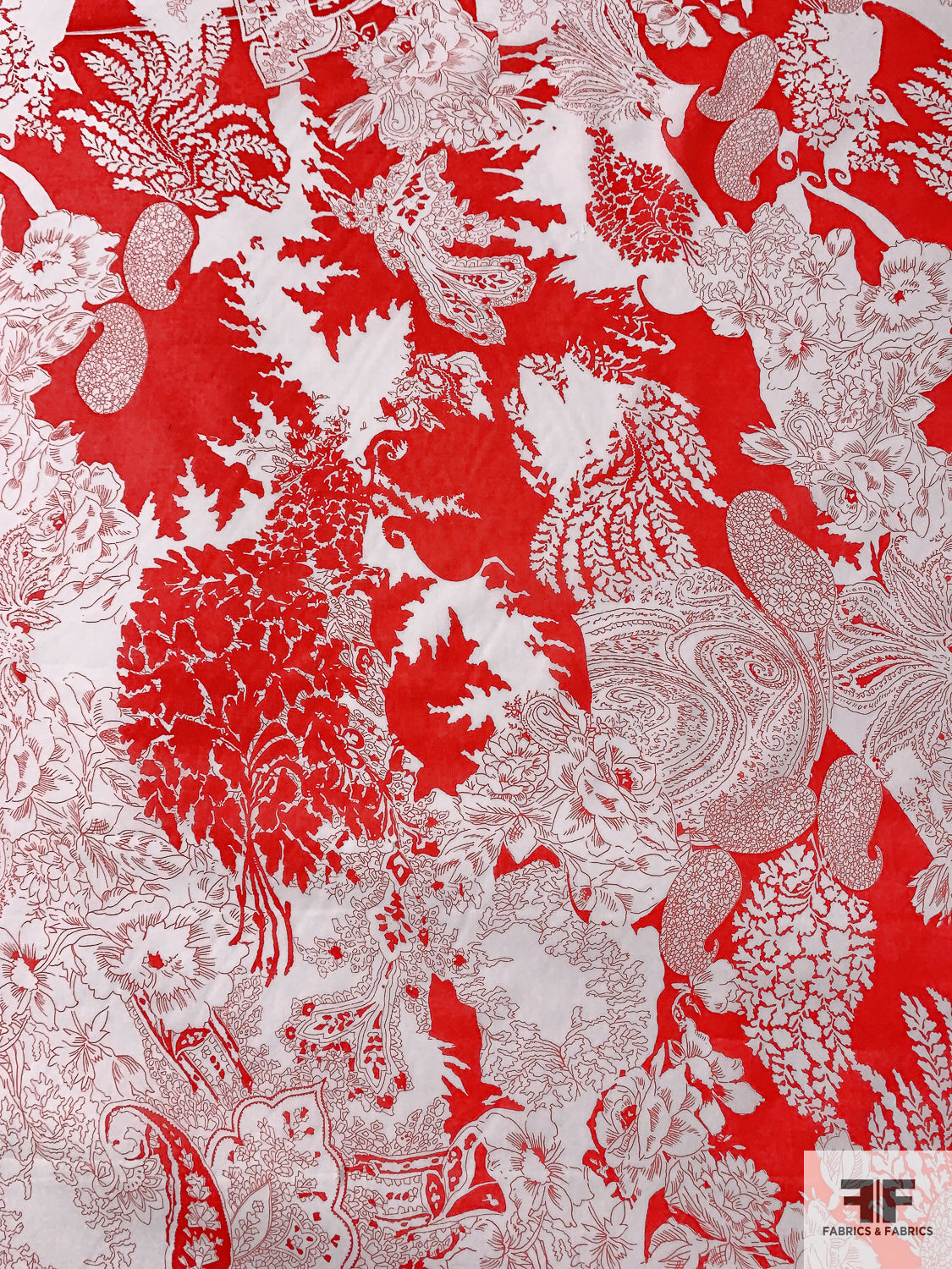 Exotic Paisley and Floral Printed Cotton Lawn - Coral Red / Off-White