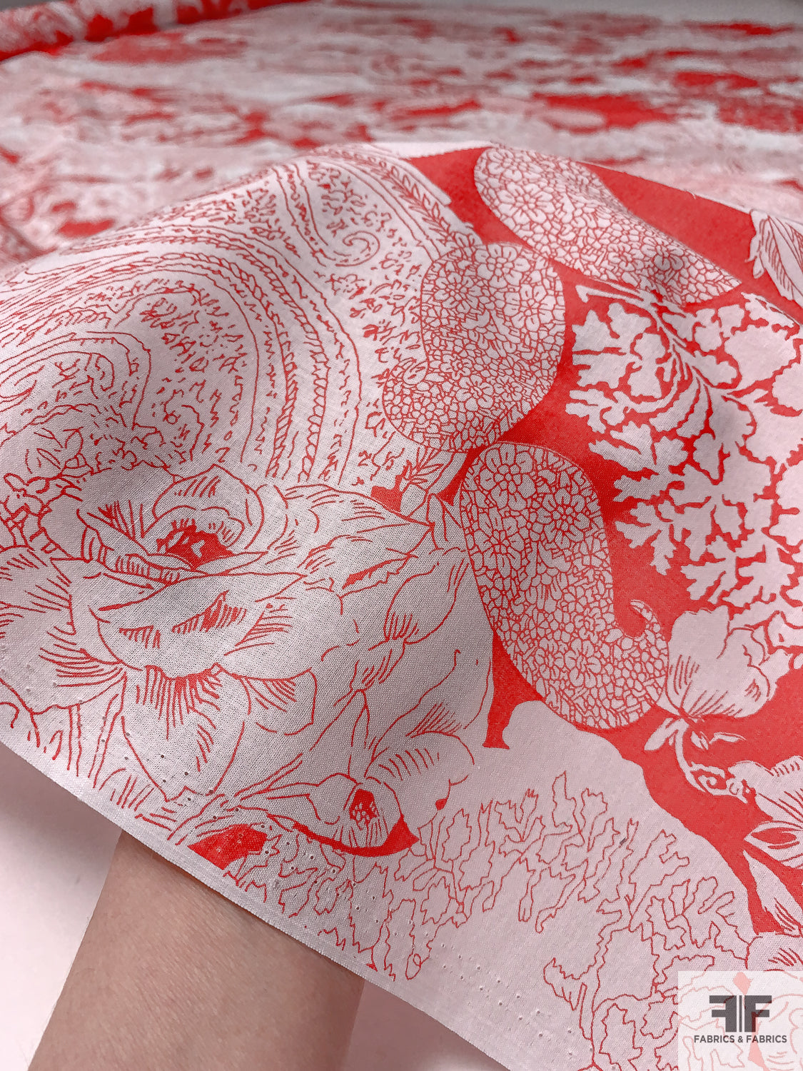 Exotic Paisley and Floral Printed Cotton Lawn - Coral Red / Off-White