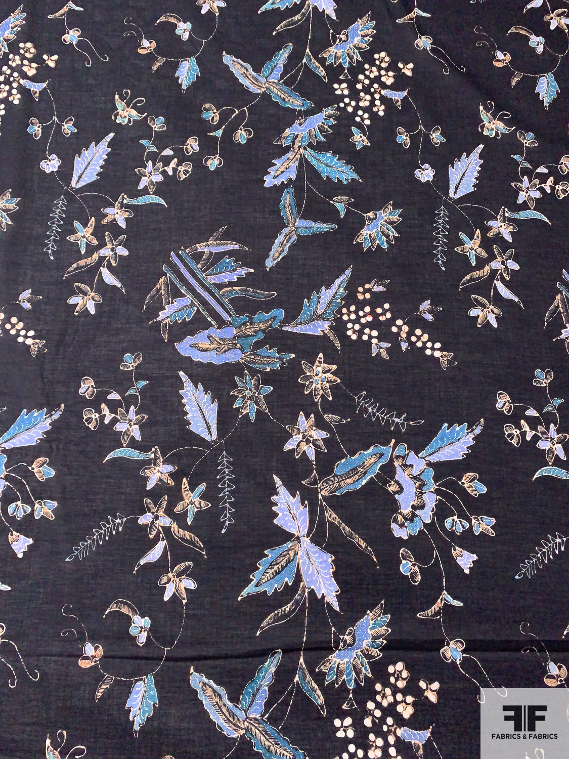 Leaf and Floral Sketch Printed Cotton Voile - Black / Periwinkle / Nude / Navy