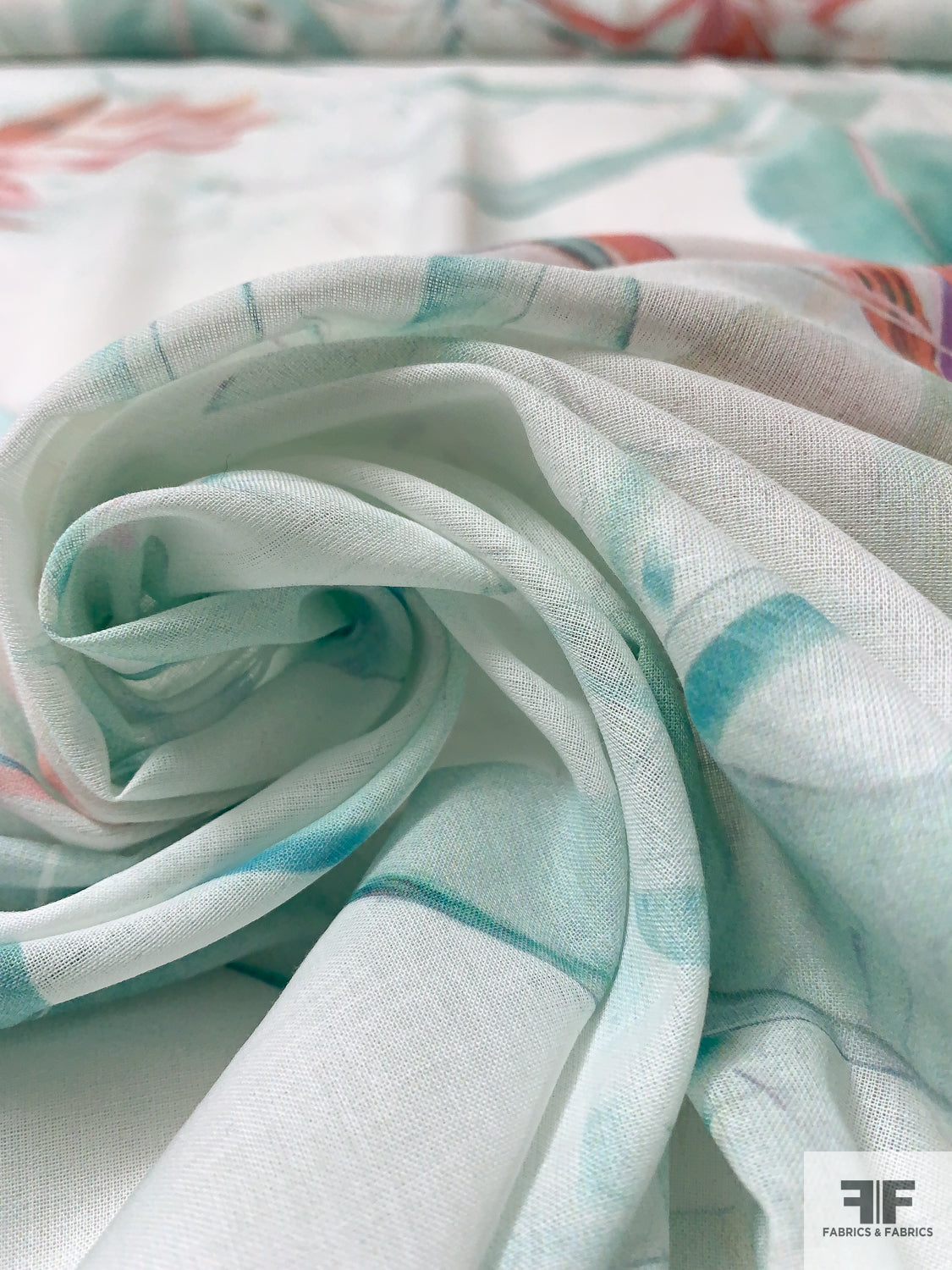 Dreamy Leaf and Floral Printed Cotton Voile - Ocean Green / Coral / Off-White