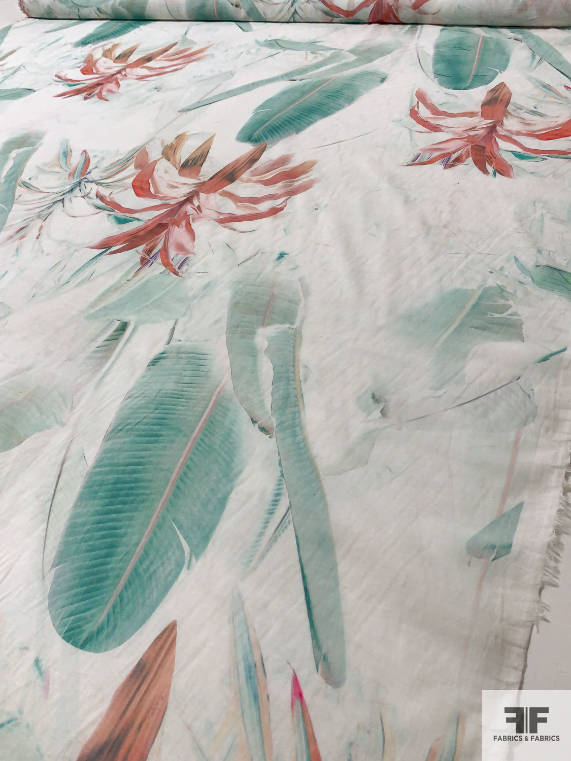 Dreamy Leaf and Floral Printed Cotton Voile - Ocean Green / Coral / Off-White