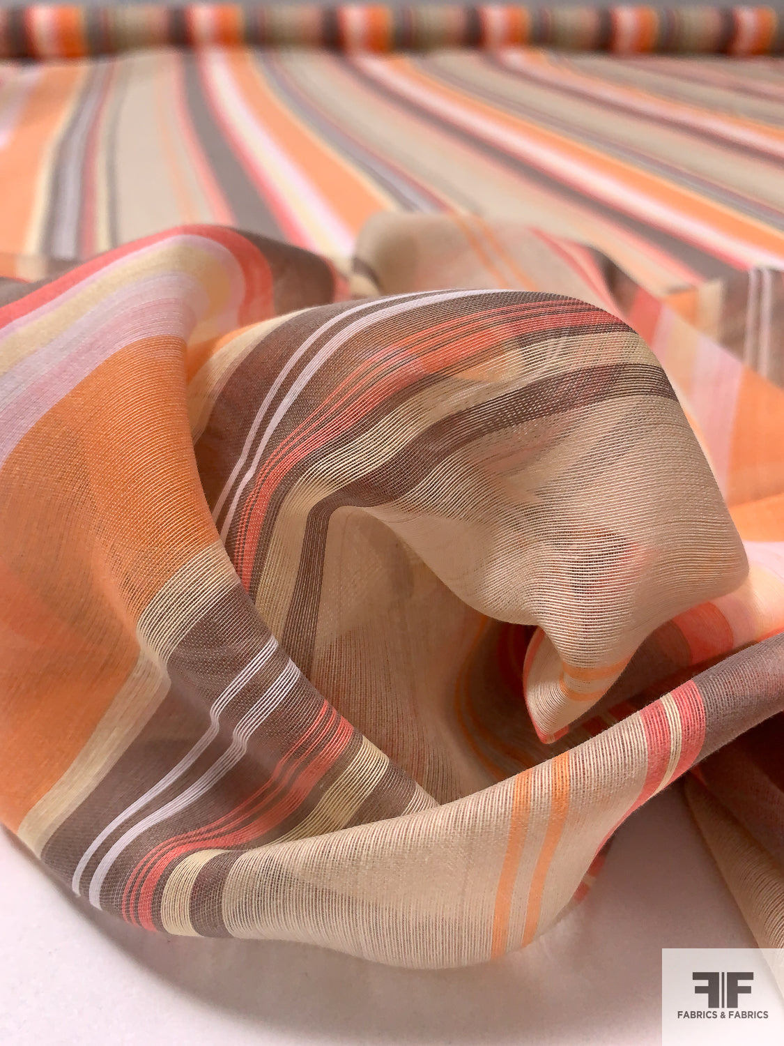 Vertical Striped Yarn-Dyed Polyester Cotton Voile - Orange / Deep Coral / Soft Brown / Purples