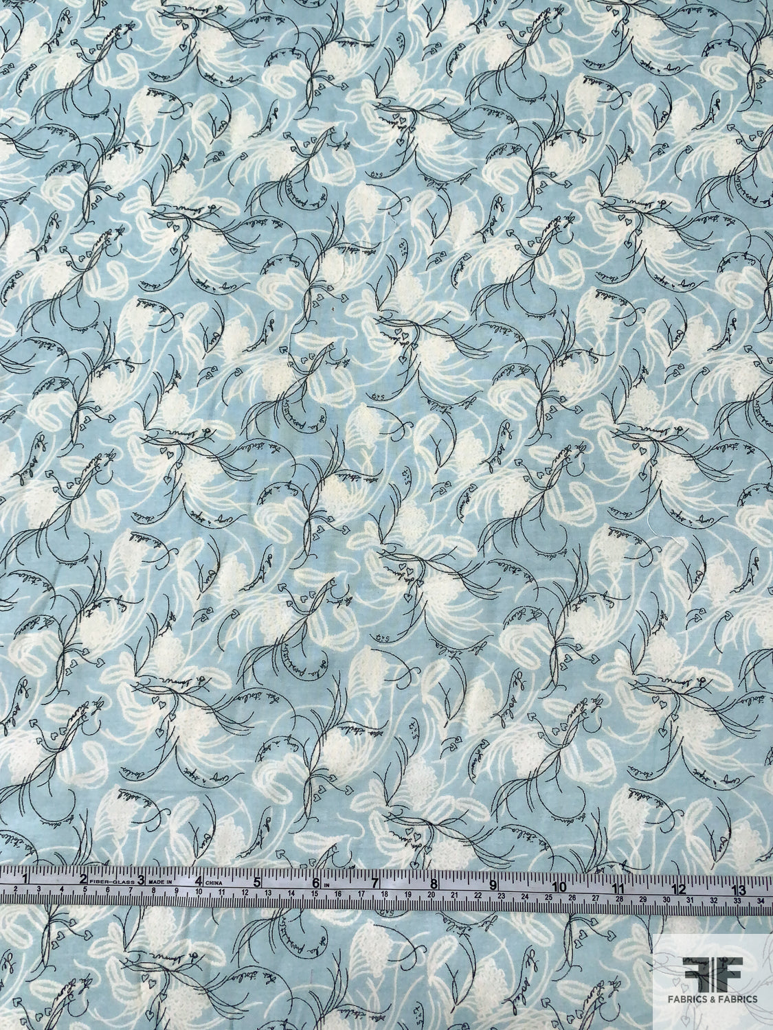 Delicate Hearts in Floral with French Script Printed Cotton Voile - Sky Blue / Off-White / Black