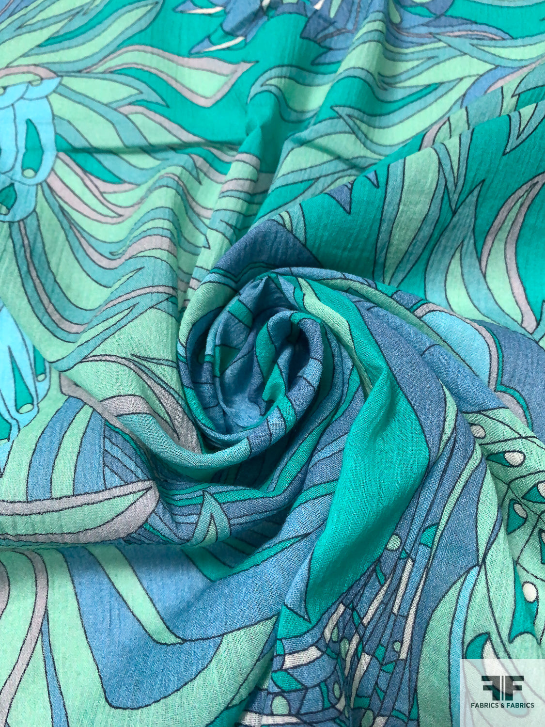 Exotic Leaf Printed Crinkled Cotton Gauze - Greens / Dusty Blues / Pale Lavender