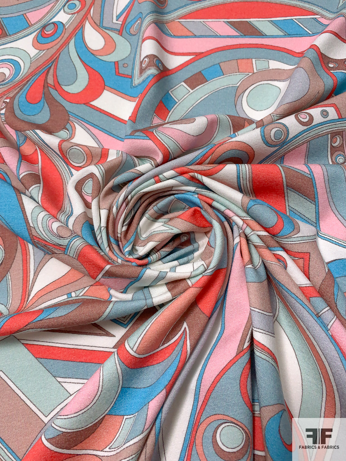 Pucci-esque Paisley Printed Stretch Jersey Knit - Deep Coral/Blues/Browns/Pink  | FABRICS & FABRICS – Fabrics & Fabrics