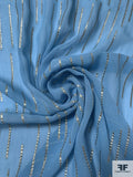 J Mendel Italian Metallic Linear Design Crinkled Silk Chiffon - Sky Blue / Gold / Silver