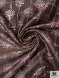 J Mendel Italian Grid Floral Twill-Weave Metallic Brocade - Brown / Silver / Pink / Raspberry / Olive
