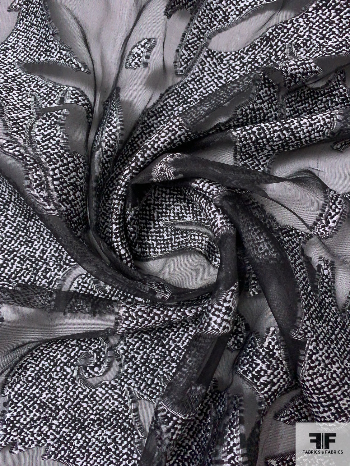 J Mendel Italian Abstract Design Fil Coupé Organza - Black / Off-White