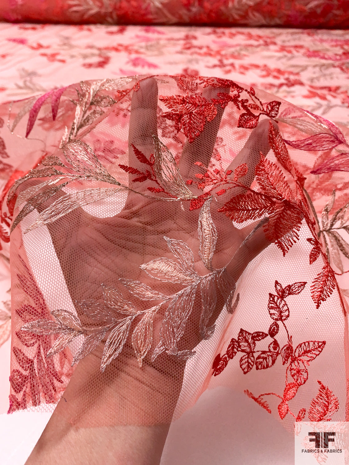 J Mendel Romantic Leaf Embroirdered Tulle - Coral / Red / Pink / Beige