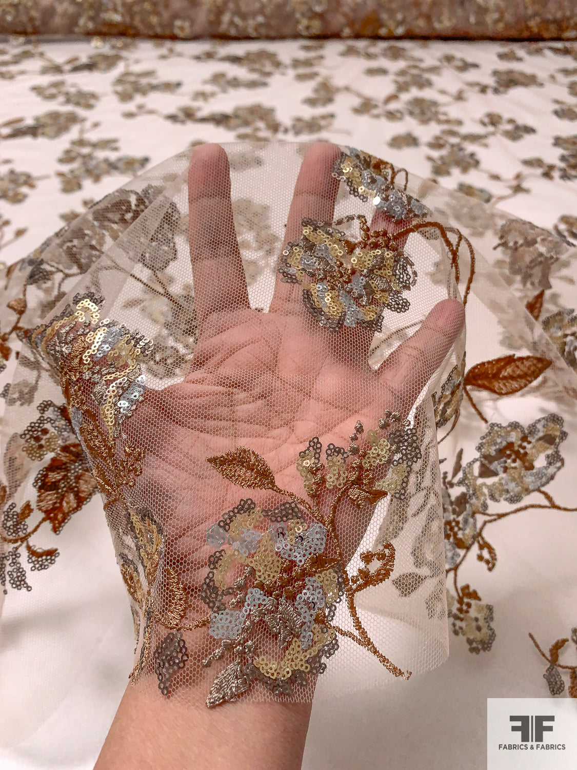 Patterned Tulle J Mendel Floral Pattern Fine Embroidered Tulle with Sequins - Light ...