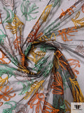 J Mendel Leaf Pattern Fine Embroidered Tulle - Black / Orange / Turmeric / Seafoam Green